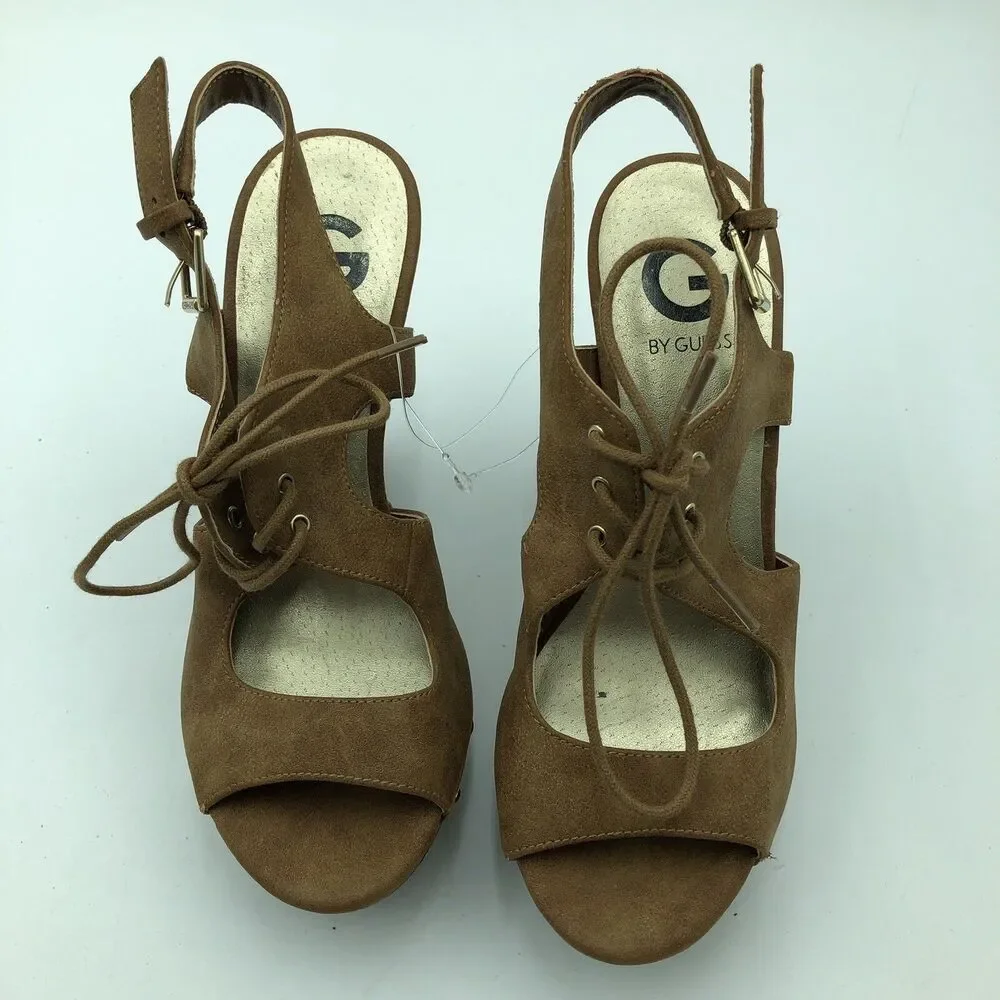 G By GUESS Brown Lace Up Sling Back Open Toe Suede Leather Heel Pump Size 6.5